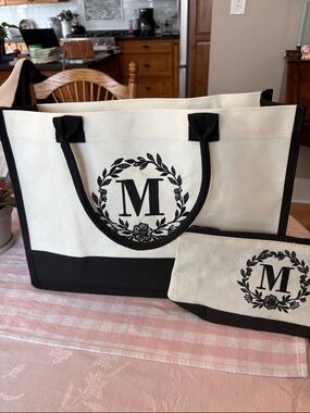 Monogram Canvas Tote & Zip Pouch in Black and Cream
